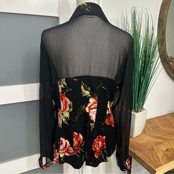 Cache Silk Blend Floral Black Blouse Large Sheer Long Sleeves Dark Romantic EUC - Picture 8 of 8